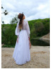 Beaded White Lace Chiffon Slit Simple Flowy Wedding Dress